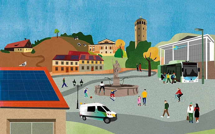 Illustration von Bayreuth mit ZOH, Schlosskirche, Festspielhaus, Lindenhof, Bus und Transporter der Stadtwerke Bayreuth Illustration von Bayreuth mit ZOH, Schlosskirche, Festspielhaus, Lindenhof, Bus und Transporter der Stadtwerke Bayreuth
